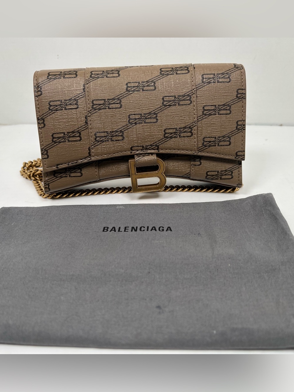 Balenciaga Monogram Hourglass Brown Canvas Wallet On Chain Bag